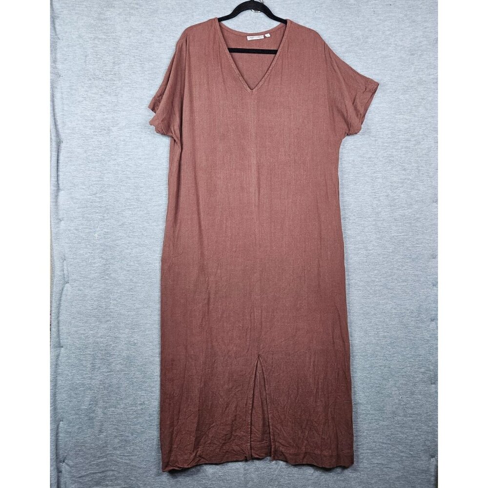 Only Child Women's Brown V-Neck Maxi Dress Short Sleeves & Front Slip Over Sz S